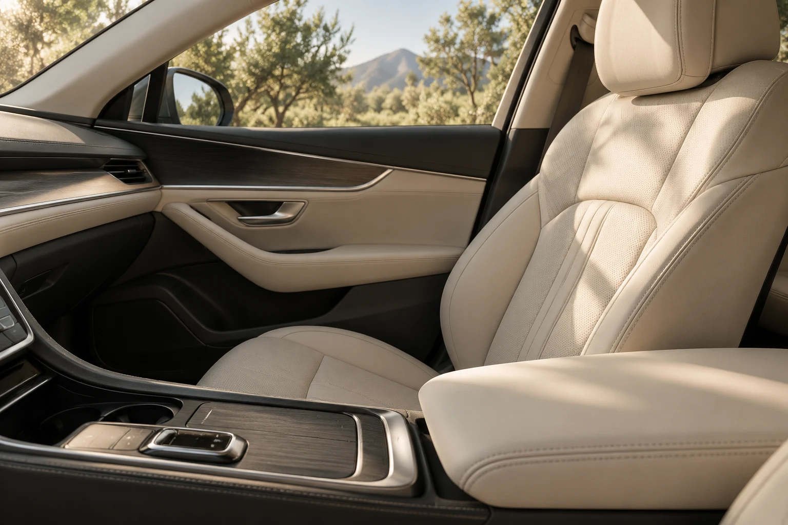 Editorial illustration of a cream leather vehicle interior in soft afternoon light